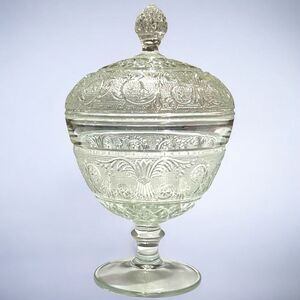 Duncan Miller Footed‎ Candy Dish Clear Sandwich Glass Covered Vtg Early American